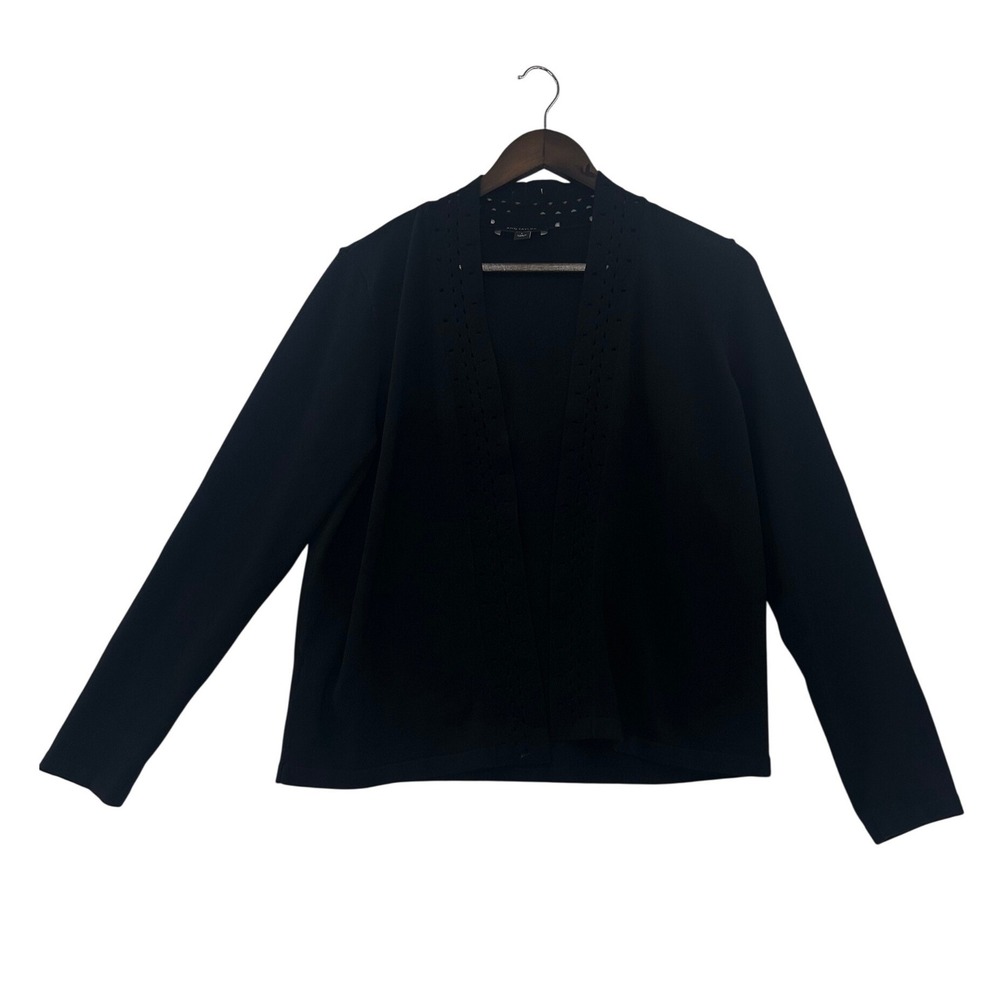 Ann Taylor Cardigan Sweater Womens L Black Excellent Eyelet Trim Open Front